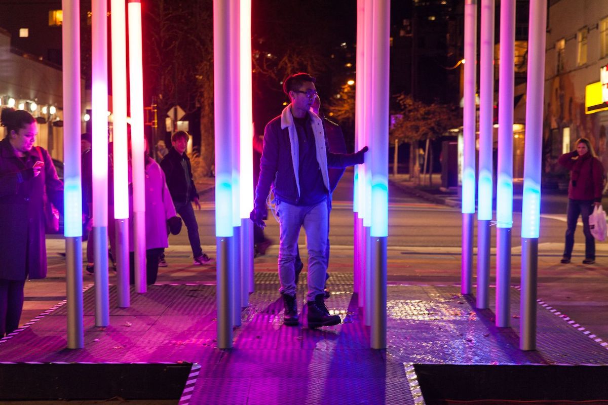 Artistic lighting in Jim Deva Plaza at Lumiere Vancouver, 2016. Photo: Alison Boulier